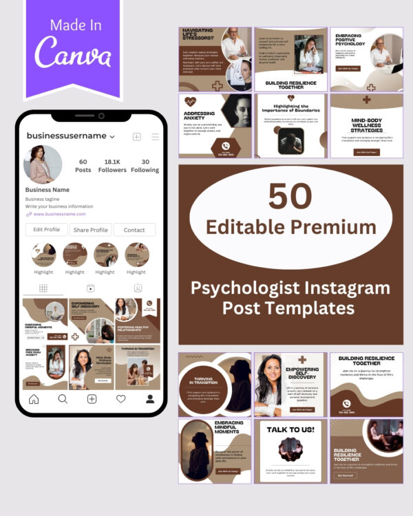 50 Psychologist Instagram Post Templates - Canva Editable